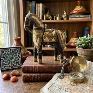 Vintage Indian Rajasthani Folk Art Hand Carved Wooden Horse with Brass Inlay